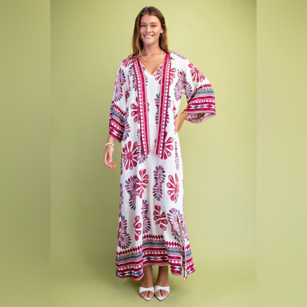 D017. Boho Floral Maxi Dress - Pink & White